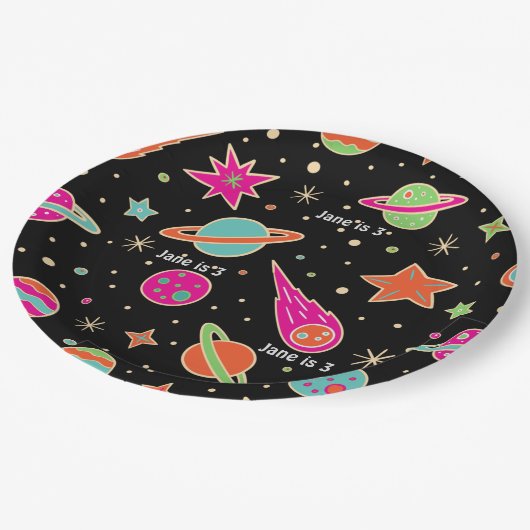 Space Rocket Patroon Naam Verjaardagsfeest Papieren Bordje (Gekanteld)