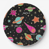 Space Rocket Patroon Naam Verjaardagsfeest Papieren Bordje (Voorkant)
