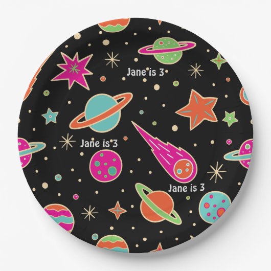Space Rocket Patroon Naam Verjaardagsfeest Papieren Bordje (Voorkant)