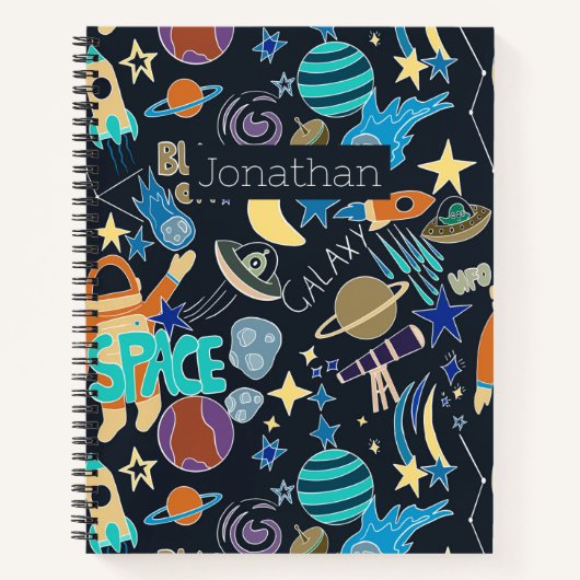 Space Rocket Planets Sterren Doodles Gepersonalise Notitieboek (Voorkant)