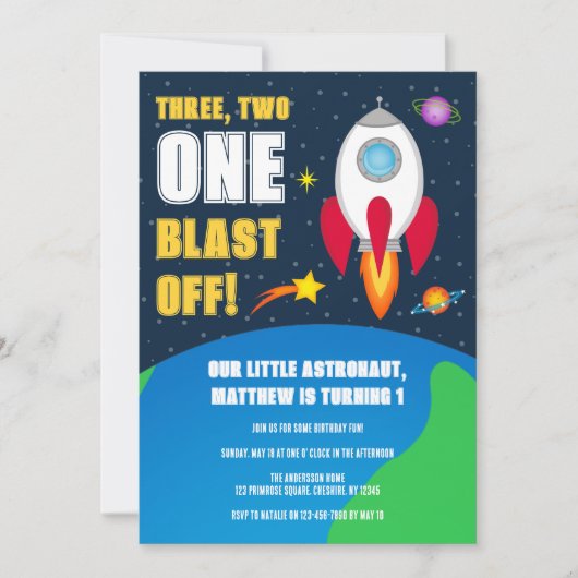 Space Rocket Ship 1st Birthday Party Invitation Kaart (Voorkant)