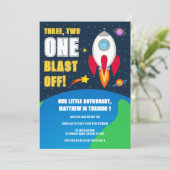 Space Rocket Ship 1st Birthday Party Invitation Kaart (Staand voorkant)