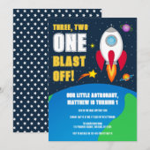 Space Rocket Ship 1st Birthday Party Invitation Kaart (Voorkant / Achterkant)