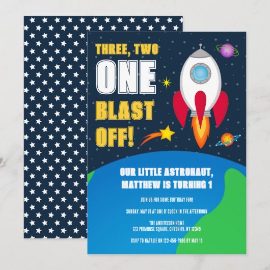 Space Rocket Ship 1st Birthday Party Invitation Kaart (Voorkant / Achterkant)