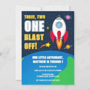 Space Rocket Ship 1st Birthday Party Invitation Kaart