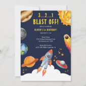 Space Rocket Ship Blast Off 1e Verjaardagsfeest Kaart (Voorkant)