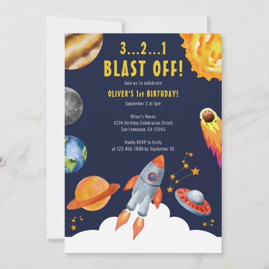 Space Rocket Ship Blast Off 1e Verjaardagsfeest Kaart (Voorkant)