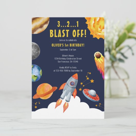 Space Rocket Ship Blast Off 1e Verjaardagsfeest Kaart (Staand voorkant)