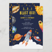 Space Rocket Ship Blast Off 1e Verjaardagsfeest Kaart (Voorkant / Achterkant)