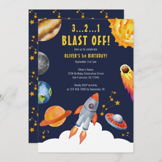 Space Rocket Ship Blast Off 1e Verjaardagsfeest Kaart (Voorkant / Achterkant)