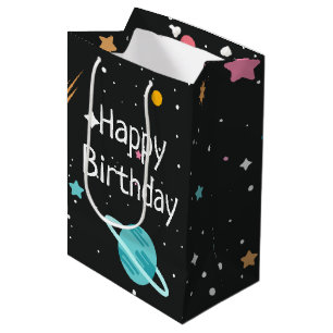 Space Rocket Ships en Planets op zwart Medium Cadeauzakje