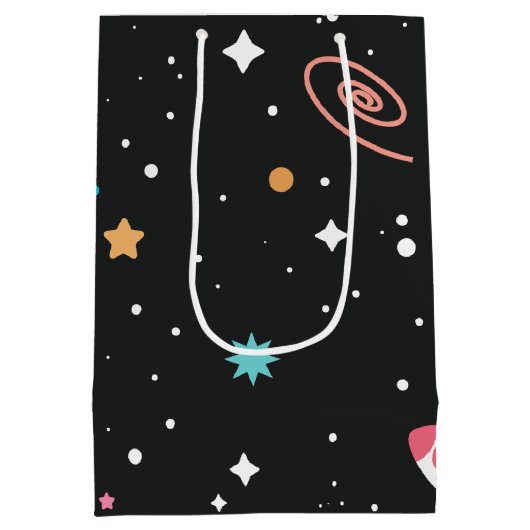 Space Rocket Ships en Planets op zwart Medium Cadeauzakje (Achterkant)