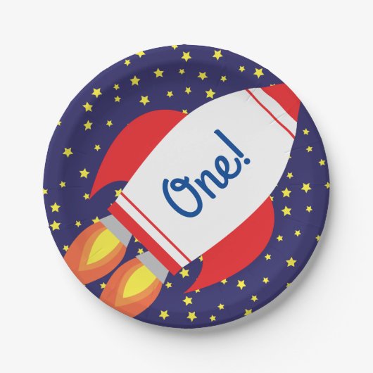 Space Rocket Star Ship 1e Verjaardag Borden Papieren Bordje (Voorkant)