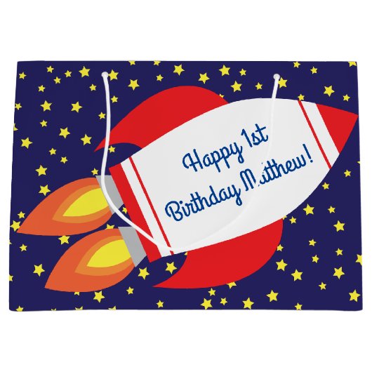 Space Rocket Star Ship 1st Birthday Gift Bag Groot Cadeauzakje (Voorkant)