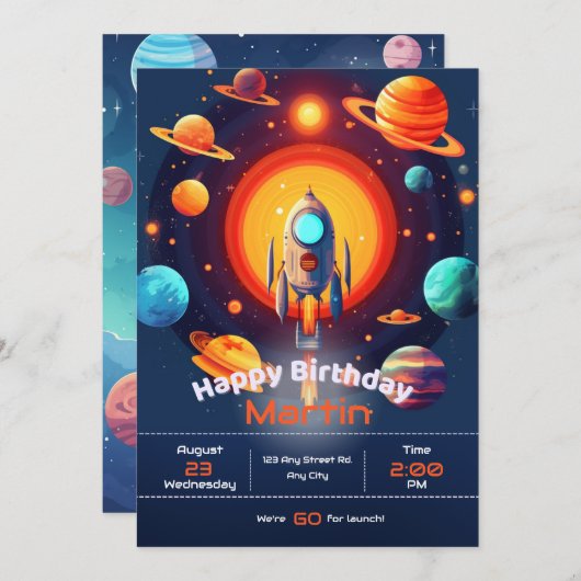 Space Rocket verjaardagsfeestje Kaart (Voorkant / Achterkant)