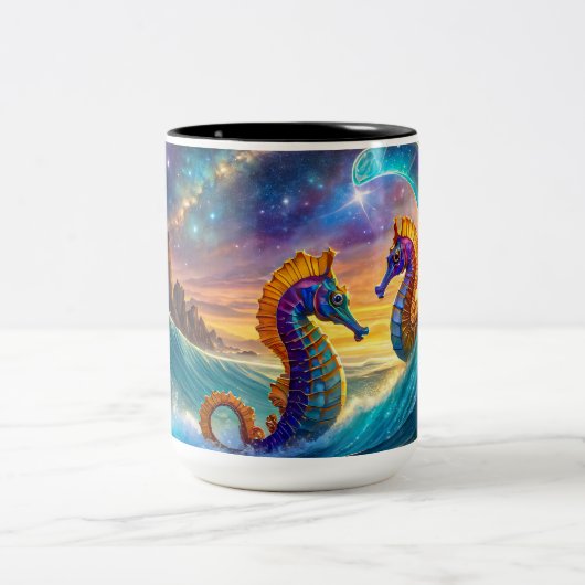 Space Seahorses ontwerp van Rich AMeN Gill Tweekleurige Koffiemok (Center)