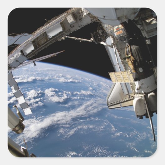 Space Shuttle Atlantis en een Soyuz-ruimtevaartuig Vierkante Sticker (Voorkant)