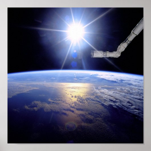 Space Shuttle Robot Arm Earth Orbit Sunburst Poster (Voorkant)