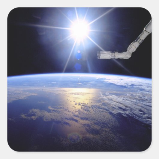 Space Shuttle Robotarm Aardbaan Zonne-uitbarsting Vierkante Sticker (Voorkant)