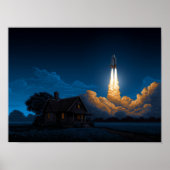 Space Shuttle Rocket Launch At Night Behind Farmho Poster (Voorkant)