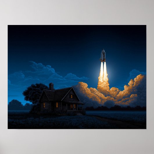 Space Shuttle Rocket Launch At Night Behind Farmho Poster (Voorkant)
