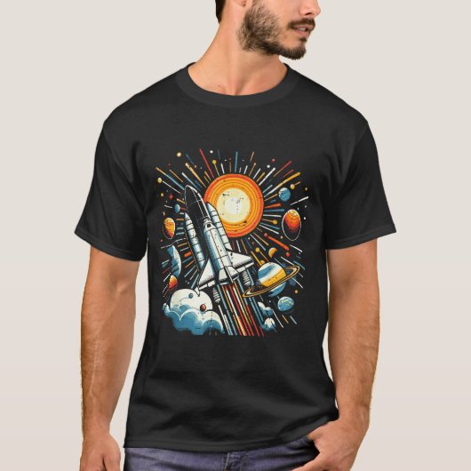 Space Shuttle Sun Planets Rocket Galaxy Boys Kids T-shirt (Voorkant)