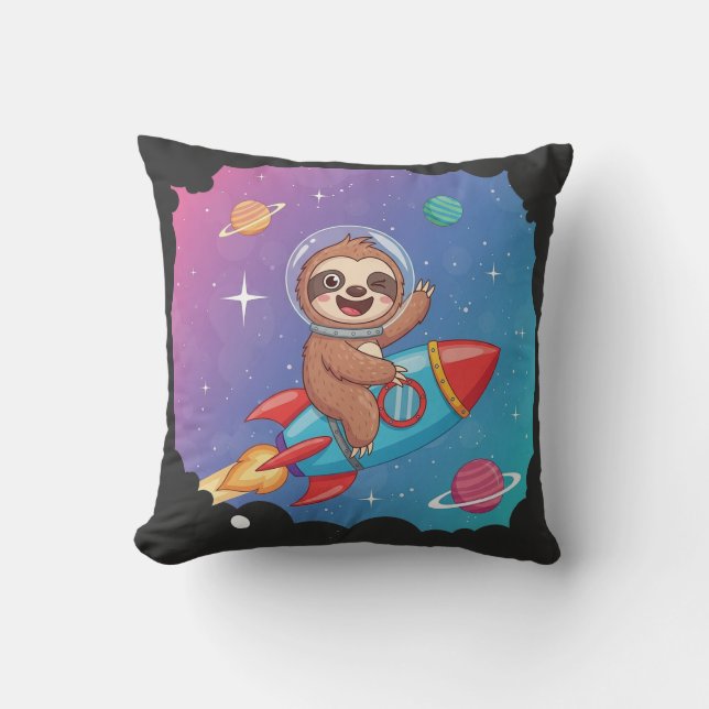 Space Sloth on Rocket – Dreamy Slow Cartoon Vector Kussen (Voorkant)