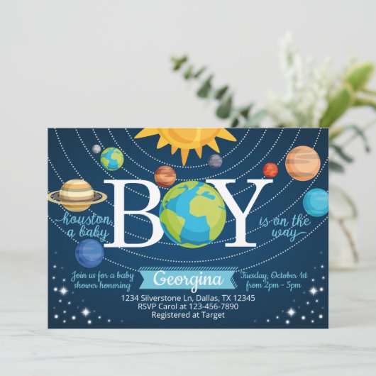 Space Solar System Baby shower Invitation Kaart (Staand voorkant)