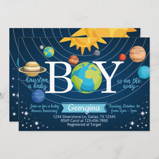 Space Solar System Baby shower Invitation Kaart (Voorkant / Achterkant)