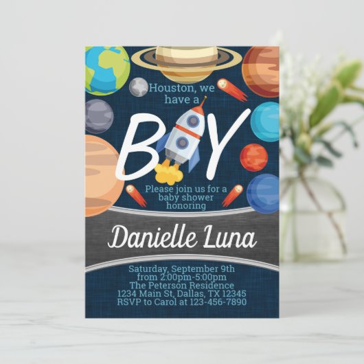 Space Solar System Baby shower Invitation Kaart (Staand voorkant)