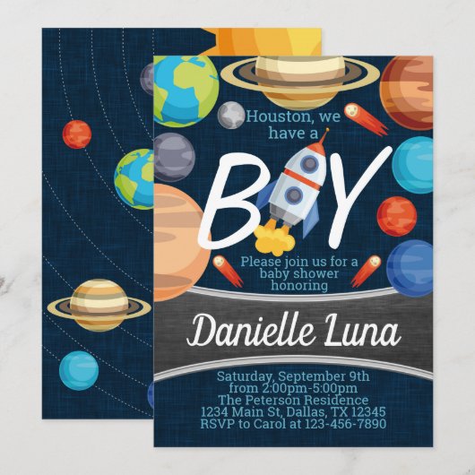 Space Solar System Baby shower Invitation Kaart (Voorkant / Achterkant)