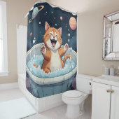 Space Spa Cat – Cosmic Bubble Bath Fun Douchegordijn (In situ)