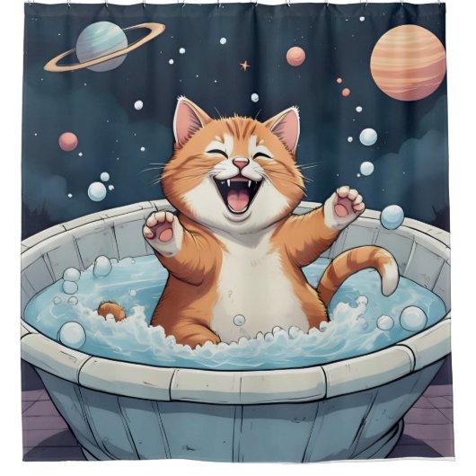 Space Spa Cat – Cosmic Bubble Bath Fun Douchegordijn (Voorkant)