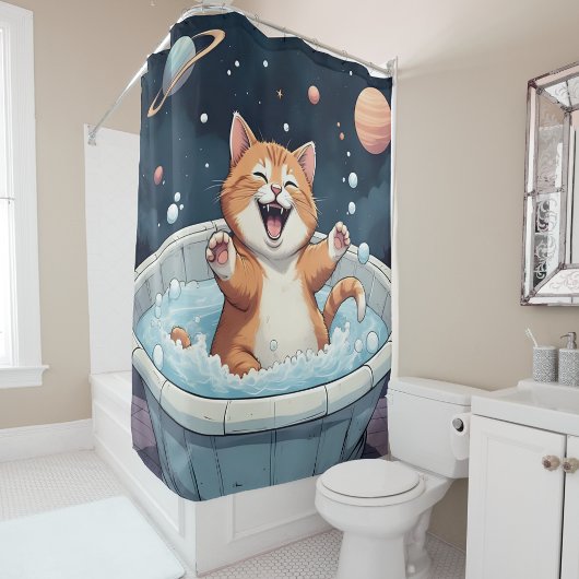 Space Spa Cat – Cosmic Bubble Bath Fun Douchegordijn