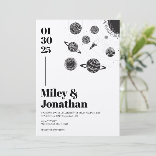 Space Stars Planets Sun Moon Modern Wedding Kaart (Staand voorkant)