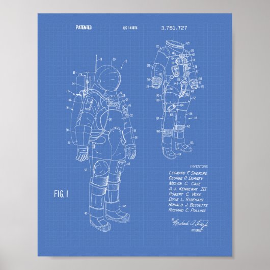 Space Suit 1973 Patent Art - Blauwdruk Poster (Voorkant)