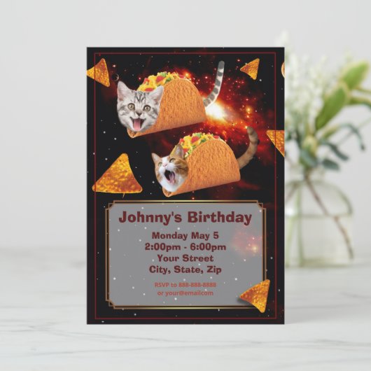 Space Taco Cats Funny Invitation Kaart (Staand voorkant)