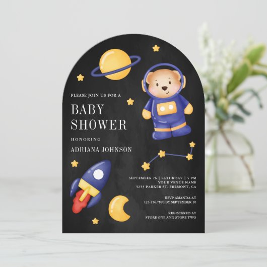 Space Teddy Bear Astronaut Black Arch Baby shower Kaart (Staand voorkant)