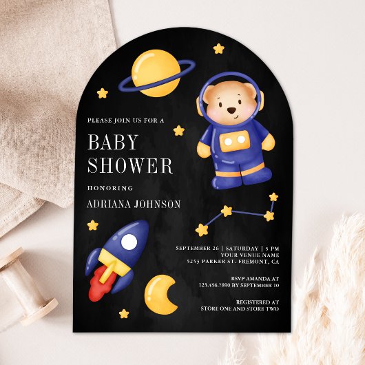 Space Teddy Bear Astronaut Black Arch Baby shower Kaart
