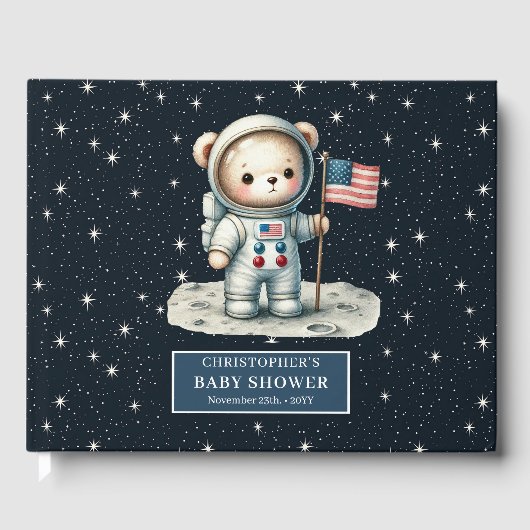 Space Teddy Bear Astronaut Boy Baby shower Inlogge Gastenboek (Voorkant)