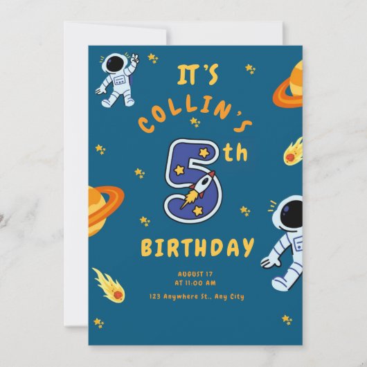 Space Theme 5th Birthday Invitation for Boys Kaart (Voorkant)