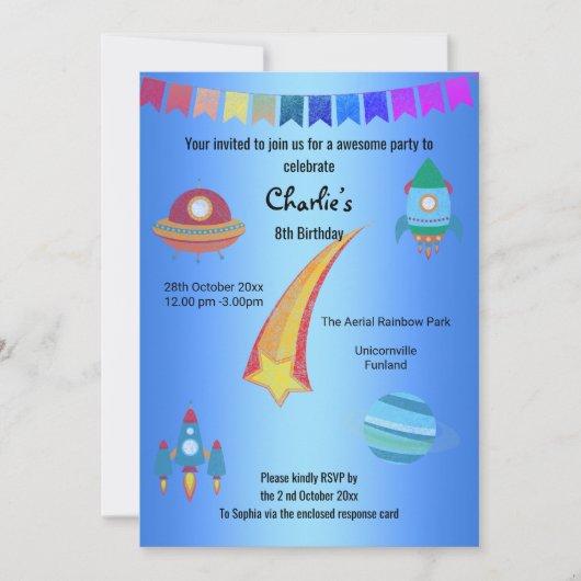 Space Theme Blue Star Birthday Kaart (Voorkant)