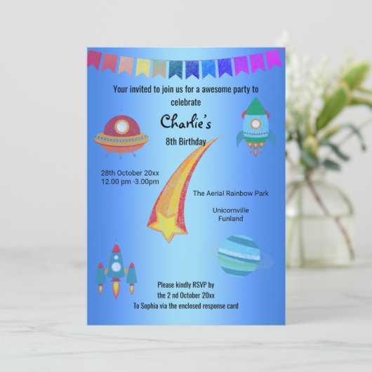 Space Theme Blue Star Birthday Kaart (Staand voorkant)