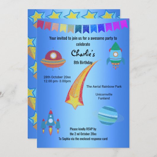 Space Theme Blue Star Birthday Kaart (Voorkant / Achterkant)