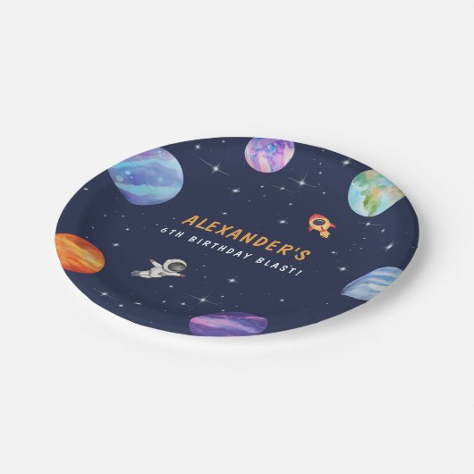 Space Theme Leuke Verjaardagsfeestje Waterverf Papieren Bordje (Gekanteld)