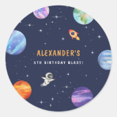 Space Theme Leuke Verjaardagsfeestje Waterverf Ronde Sticker (Voorkant)
