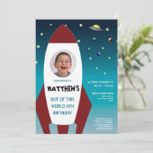 SPACE THEMED Foto Rocket 4th Birthday Kaart (Staand voorkant)