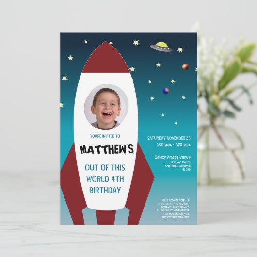 SPACE THEMED Foto Rocket 4th Birthday Kaart (Staand voorkant)