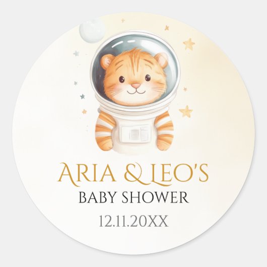 Space Tiger Baby shower in het voordeel van Sticke Ronde Sticker (Voorkant)