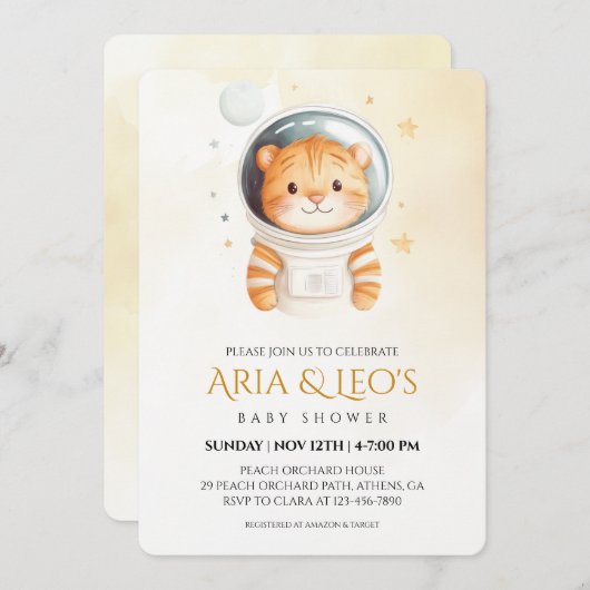 Space Tiger Baby shower Invitation Kaart (Voorkant / Achterkant)
